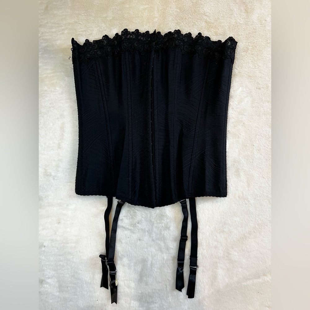 Grenier Black Satin Corset Size 34 | Lace Trim Boned Bustier w/ Garter Straps